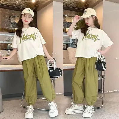 2025 été enfant ensemble vêtements filles survêtement lettre t-shirt + vert Sport cheville-attaché pantalon enfant adolescent 5 6 7 8 9 10 11 12 ans