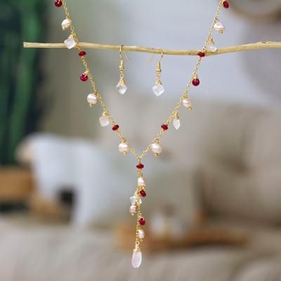 '14k Gold-Plated Rose Quartz Cultured Pearl Agate Jewelry Set'
