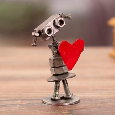 Robotic Passion,'Recycled Metal Figurine of Female Robot Holding a Red Heart'