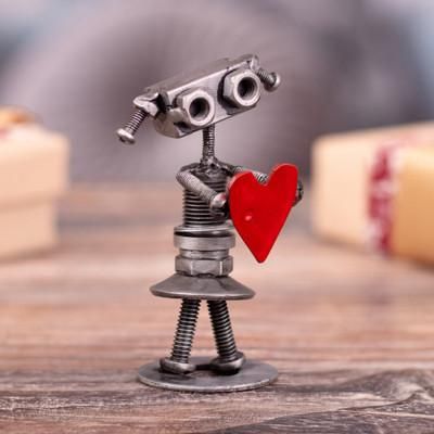 Robotic Passion,'Recycled Metal Figurine of Female Robot Holding a Red Heart'