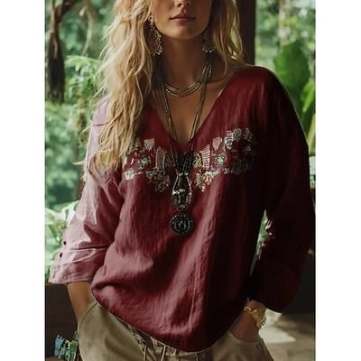 Blusa boho da donna grafica floreale paisley bohemia vintage tropicale manica 3/4 scollo a V top regolari nero bianco rosso verde estate primavera