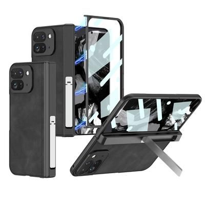 TEMU For Pixel 9 Pro Fold Mobile Phone Case With Folding Screen Bracket, Frosted Matte Leather Hard Shell
