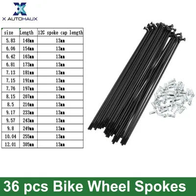 X Autohaux Bicycle Spoke Kit 12G 148mm 154mm 163mm 173mm-305mm Length Bike Wheel Spoke with Nipples Carbon Steel Black 36 Pcs