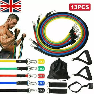 TEMU Exercise Resistance Bands, 13 Piece Fitness Stretch Bands Set With 5 Stretch Tubes 2 Foam Handles 2 Ankle Straps 1 Door Anchor O Ring And Carrying Pouch For Workout Yoga Home Gym Equipment