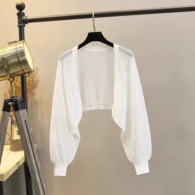 Cardigan tricoté en soie glacée à manches lanternes pour femmes, vêtements d'extérieur d'été fins et amples avec robe antidérapante, couverture de Protection solaire