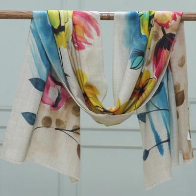 'Hand-Painted Multicolor Floral Wool and Silk Blend Shawl'