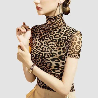 1 pièces femmes automne ultra-mince imprimé léopard col haut maille à manches courtes hauts dame sous-vêtement thermique coupe ajustée haut tendance