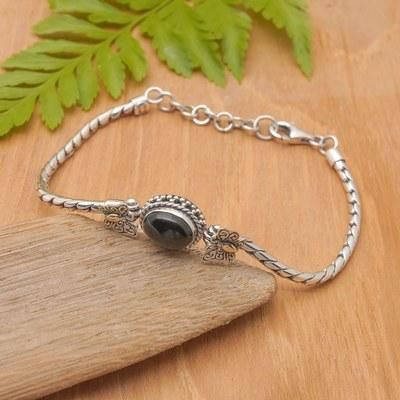 Garden at Night,'Butterfly Onyx Silver Pendant Bracelet with Golden Details'