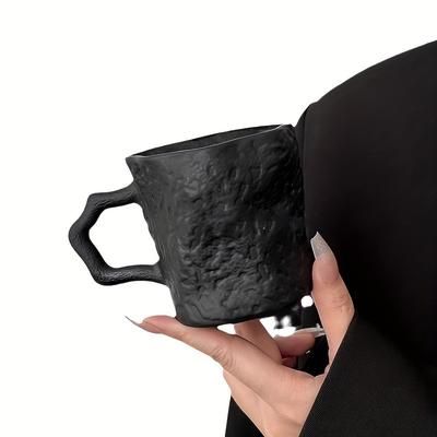 TEMU 1pc Unique Black Rock Texture Glass Cup With Handle - Insulating, Hand Wash Only, Versatile For Water, Tea, Coffee, Or Decorative Use, For Home Or Office, Coffee Travel Mug
