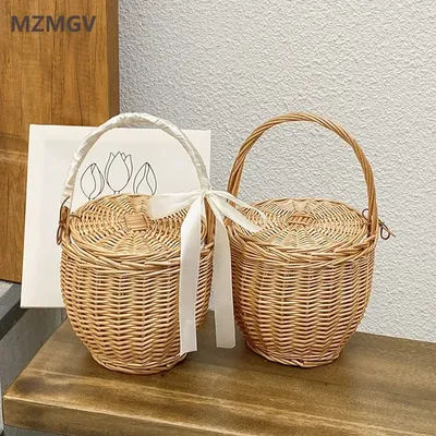 Meet You Trend Sac en rotin tissé à la main bohème été panier en osier sac à main pour femmes 2025 voyage vacances sac de plage avec housse
