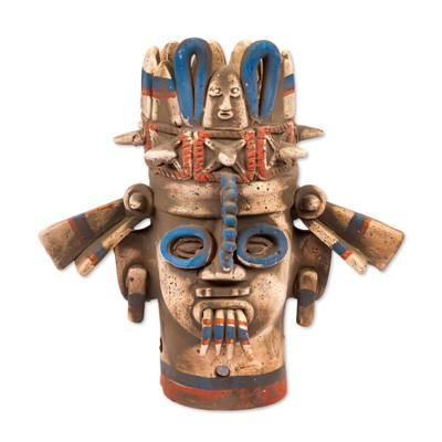 Aztec Rain God Tlaloc,'Signed Handcrafted Ceramic Aztec Archaeology Sculpture'