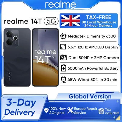 realme 14T Global Version Mediatek Dimensity 6300 (6 nm) 6.67” 120Hz AMOLED Display IP68 45W 6000mAh Battery Android 15