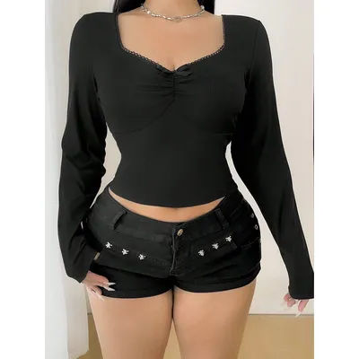 T-Shirt noir à manches longues pour femmes, grande taille, décontracté, couleur unie, dentelle, haut en Polyester, printemps automne