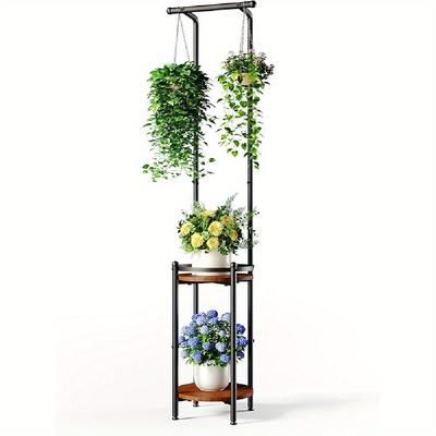 TEMU 1pc Plant Stand Indoor Outdoor - Heavy Duty Metal 2-tier Hanging Plant Holder Space-saving Iron Plant Stands Tall Plant Shelf For Living Room Garden Balcony, Rustic Brown And Black
