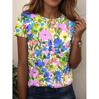 Per donna Maglietta Floreale Grafico Piante Vintage Elegante Classico Manica Corta Girocollo Top Regolari Quotidiano Stampato Verde chiaro Rosa Blu Verde Rosa Estate Primavera