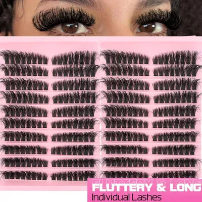 Mixed Length (8-16mm) D-Curl Fluffy Cluster Eyelashes - Wispy, Volume, Extra Thick Look, Cat Eye Easy DIY Extension for Beginner