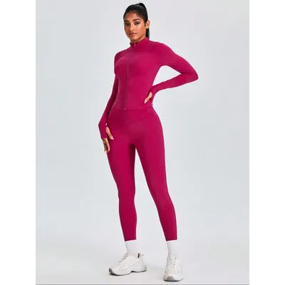 Fitfemme Two-piece Set Women's Solid Zip UpMock Neck Sports Jacket & HighWaist Leggings Set, SportyBreathable Quick Drying
