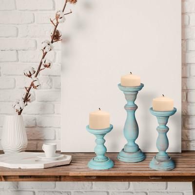'3 Blue Distressed-Finished Shabby Chic Wood Candle Holders'