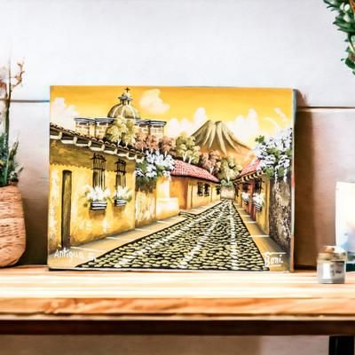 Sunset in Antigua Guatemala,'Oil Painting of Street in Antigua Guatemala in Yellow Shades'