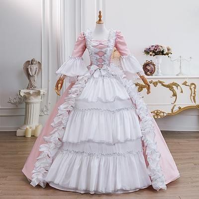 Vintage Rococò Rinascimento Maxi Vestito Normale A sbuffo Principessa Sposa Pieghettato Con Volant Principessa Girocollo Costume Per donna Halloween Carnevale Mascherata Feste Halloween Performance