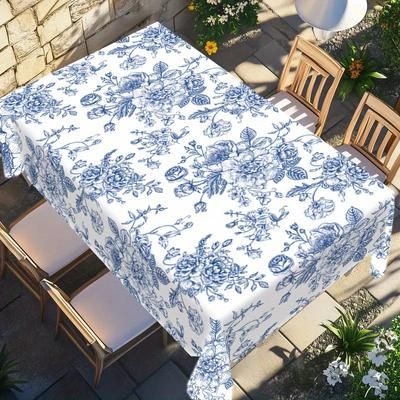 TEMU 1pc Blue And White Porcelain Floral Print Tablecloth, Polyester Rectangle Table Cover For Indoor And Outdoor Party Decor, Festival Decoration, Dining Table Decoration