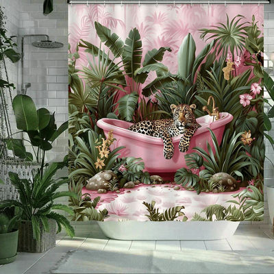 TEMU 1pc Pink Bathtub Leopard Print Polyester Shower Curtain, Abstract Pattern, Machine Washable, With Hooks, For Bathroom Decor And Accessories, Unlined, Woven Curtain, Bathroom Deco