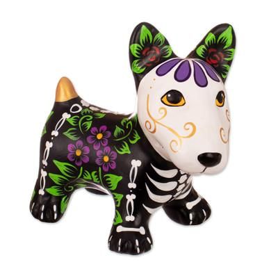 'Day of the Dead-Themed Hand-Painted Ceramic Dog Figurine'