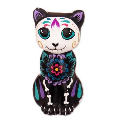 Mysterious Feline,'Day of the Dead Cat Ceramic Figurine Painted by Hand in Peru'