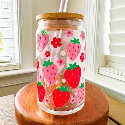 TEMU One, Strawberry Flowers Printing Glass With Lid And Straw, 16oz Can-shaped Water Cup, Iced Coffee Cup, Suitable For Tea, Juice, Milk, Birthday Gift, Drinking Utensils