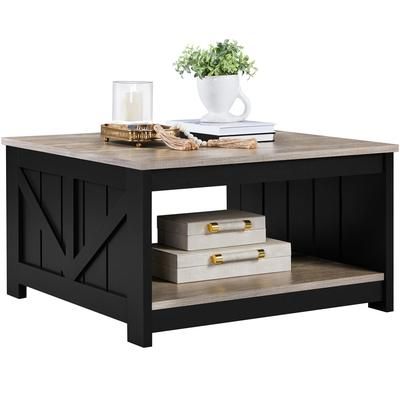 TEMU Yaheetech Wooden Table With Storage Shelf, Stylish Tea Table With Under-top Storage, Modern Rustic Coffee Table For Living Room Home Office, 80×80×45 Cm, Grey