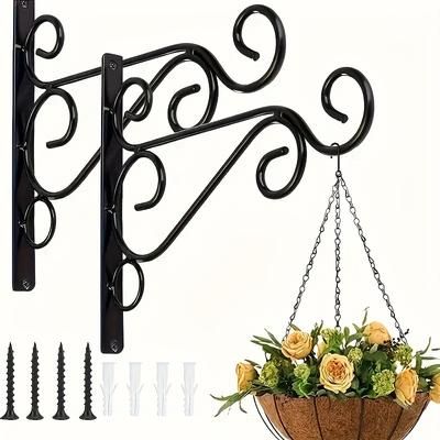 TEMU 4pcs Metal Hanging Basket Brackets Outdoor Garden Plant Hanger Hook Wall Decor, For Flower Baskets, Bird Feeders, Lanterns, Wind Chimes - Indoor/outdoor Use With Mounting Hardware Included