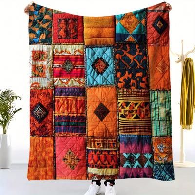 TEMU 1pc Bohemian Quilt - Vibrant Ethnic Style Flannel Blanket With Geometric & Floral Patterns, Soft For Sofa Bed Camping Travel, Home Decor Gift, Intricate