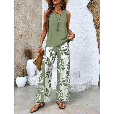 Da donna Quotidiano Set di Pantaloni Senza Maniche Collo quadrato pianta Stampato Casuale Viola Verde Cachi Estate Vestibilità comoda