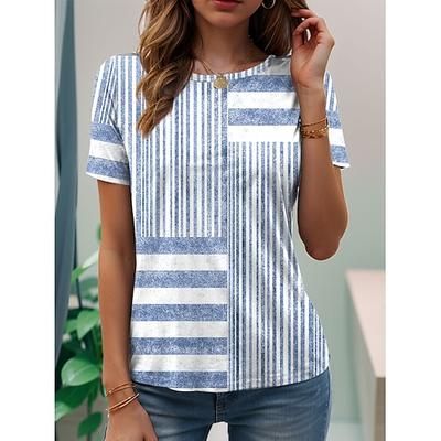 Per donna Maglietta Stampato Grafico A righe Vintage Elegante Classico Manica Corta Girocollo Top Regolari Quotidiano Weekend Blu Rosa Viola Grigio Estate Primavera