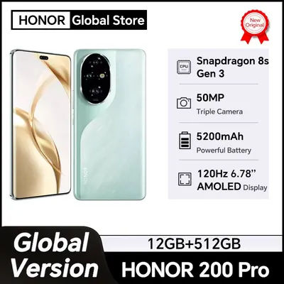 New HONOR 200 Pro Global Version 6.78 Inches 5G Smartphone Snapdragon 8s Gen 3 120Hz AMOLED Display 50MP Camera 100W SuperCharge