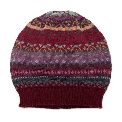 Andean Mirage,'Burgundy Ribbed 100% Baby Alpaca Hat with Geometric Designs'
