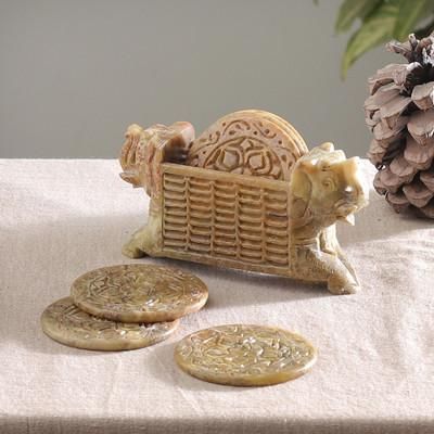'Set of 6 Elephant Floral-Themed Marble Coasters with Holder'