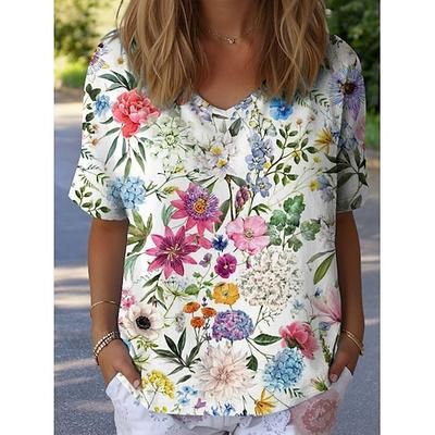 Per donna Maglietta Floreale Grafico Piante Vintage Elegante Classico Manica Corta Scollo a V Top Regolari Quotidiano Weekend Stampato Bianco Giallo Blu Verde Estate