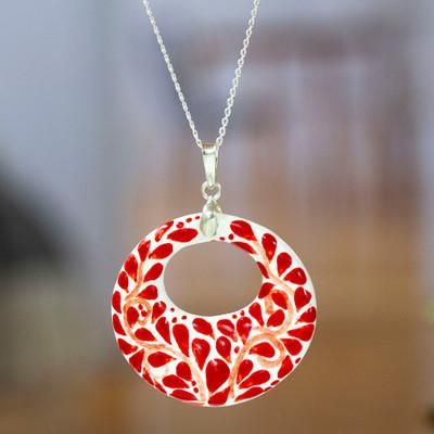 Leafy Love,'Fair Trade Romantic Red Ceramic Pendant Necklace from Mexico'