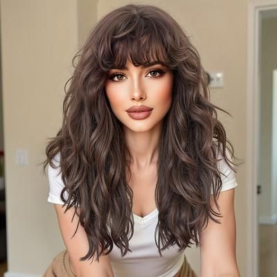 TEMU Long Wavy Dark Brown Wig With Bangs For Women - High-temperature Synthetic Fiber, Cap, Natural-looking Curls,