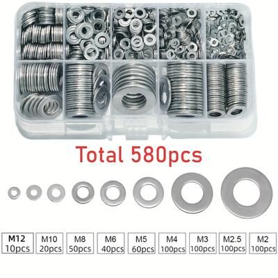 TEMU 80/180/580pcs Stainless Steel Flat Washers Classification Set (m2 M2.5 M3 M4 M5 M6 M8 M8 M10 M12) Is Suitable For Repairs