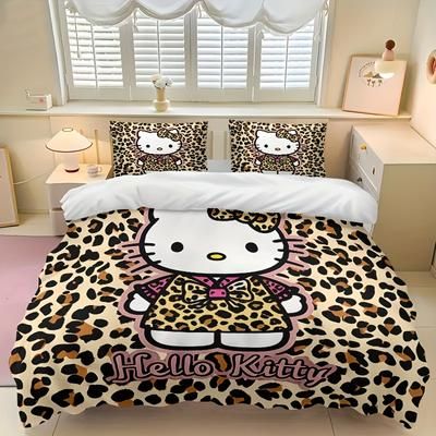 TEMU 3pcs Hello Kitty Leopard Kimono Comforter Duvet Cover Set, Cute Bedding Set With 1 Duvet Cover And 2 Pillowcases, Leopard Print With Kimono,