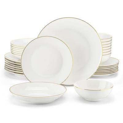 TEMU White Dinnerware Set For 8, 32 Pieces Plates And Bowls Sets With Gold Rim, Cream- Plate For Dessert Soup And Small Cereal Bowl, Lightweight Dish Set For 8