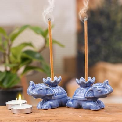 Blue Pachyderm Beauty,'Pair of Blue Celadon Ceramic Elephant Incense Holders'
