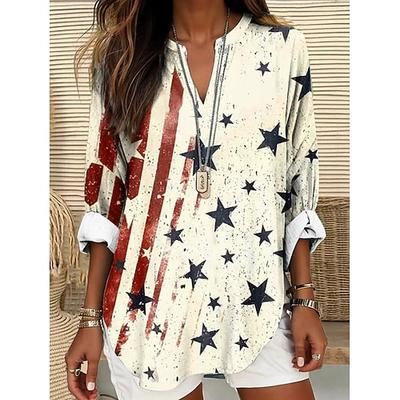Blusa Patriottica Giorno dell'Indipendenza per Donne Simil Lino Traspirante Leggero Tunica Collo a V Maniche Lunghe Boho Casual Grafica Bandiera Vintage Tropicale Regolare Wear Stampa Giornale