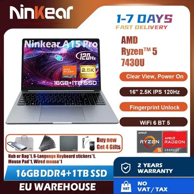 Ninkear A15 Pro Portable Gaming Laptop Windows 11 AMD Ryzen 5 7430U 16-inch 2.5K IPS 120Hz 16GB DDR4+1TB SSD Stable Connectivity Via WiFi6 ＆ BT5 PC with Backlit Keyboard Up to 4.3 GHz Notebook