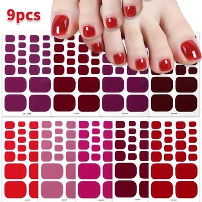 TEMU 9sheets Classic Rainbow Self-adhesive Toe Nail Stickers - Full Wrap Solid Color Glossy Finish, 10+ For Summer Concerts, Road Trips & Diy Nail Art - Disposable Plastic Nail Polish Strips For Women