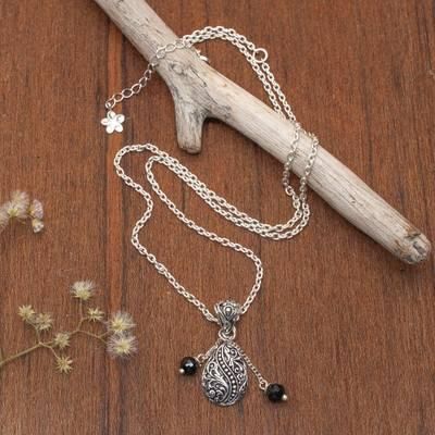 Garden Elegance,'Black Onyx Sterling Silver Pendant Necklace from Bali'