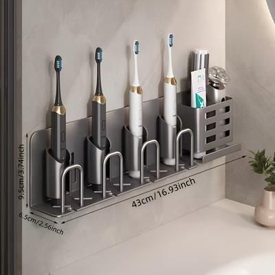 TEMU Wall-mounted Aluminum Toothbrush Holder | No-drill Installation | With Storage Slots & Cups | Space-saving Bathroom Organizer For Electric Toothbrushes And Razors