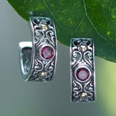 '18k Gold-Accented Silver Half-Hoop Earrings with Garnet Gems'